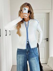 Easowa Women White And Blue Cardigan,Autumn Elegant And Classy Zip Up Sweater,Stand Collar Zipper Front Oblique Pocket Contrast Trim School Back-To-School - White - View 3