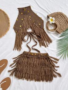 Soleia Women's Sequin Halter Fringe Knit Top And Knit Mini Skirt Set, Summer, Ibiza Style, Holiday Vacation Sexy Party Autumn/Winter,New Year's Eve Dress,Party Dress, Christmas Party Dress , Chic Evening Dress,New Year Clothes,Party Dresses For Women,Glitter Dress,New Year Clothes - Khaki - View 3