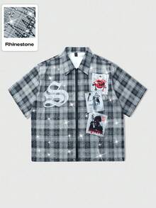 ROMWE MEN Street Life 男式哥特脸印花、水钻装饰、格子图案拉链休闲衬衫、万圣节