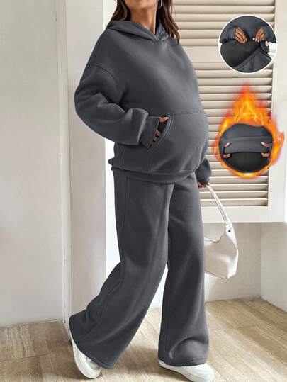 SHEIN 2pcs/Set Maternity Solid Color Drop Shoulder Long Sleeve Hooded Sweatshirt And Adjustable Waist Sweatpants, Casual Outfit For Autumn/Winter Grey Sweatsuit Grey Two Piece Set Sweatsuit Maternity Sweatsuit Comfortable Two Piece Set