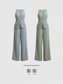 Ontre Conjunto de 2 piezas de pantalones a rayas de lino y camiseta para mujer, atuendo casual de negocios, adecuado para salidas, playa, vacaciones, festivales de música, estilo bohemio, otoño