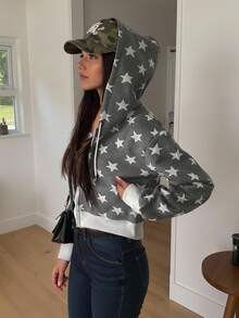 SHEIN 星星印花连帽短款运动衫，秋季休闲风 - 彩色 - 查看 2