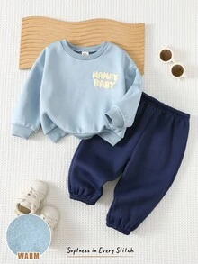 Cozy Pixies 2 pezzi/Set Tuta in maglia con fodera in pile per bimbo/bimba piccolo, maglione con grafica a lettere e pantaloni jogger in vita elastica, comoda per uso quotidiano, adatta per autunno/inverno, interno, esterno, sci, ritorno a scuola, quotidiano, sport, gioco, festa, festival, Ognissanti, Natale, Capodanno