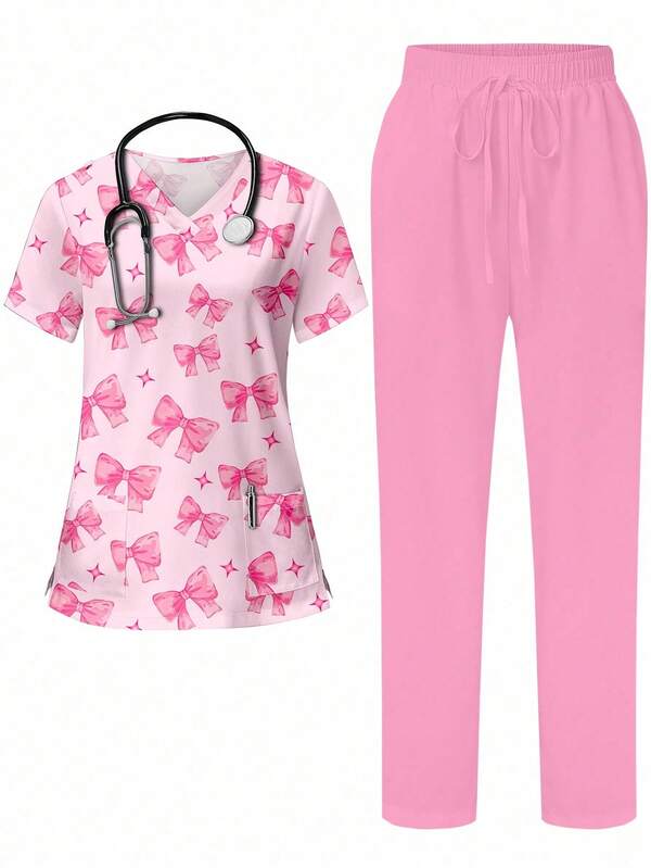 PopScrub Cute Simple Butterfly & Blessing Print V-Neck Scrub Top With Pocket, Short Sleeve Split Hem Nursing Scrub Uniform Set For Women Set Scrub Set Nurse Dresses Scrub Tops Scrub Bottoms Women's V-Neck Short Sleeve Double Pocket Cute Cartoon Animal Pink Heart Rabbit Print Simple Nurse Uniform Set/Doctor Work Uniform Set/ Examination & Surgery Uniform Set/Solid Color Pet Grooming Work Uniform Set/Nutritionist Work Uniform Short Sleeve Set/Functional Multi-Pocket Lab Work Uniform Set