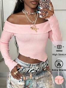 Coolane Women's Fall Y2K Rave Festival Going Out Renaissance Fair Clubs Rib Knit Off The Shoulder Pink Long Sleeve Tee - Pink - View 6