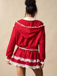 VARSIVA 女式撞色蕾丝荷叶边下摆落肩拉链连帽运动夹克 - 彩色 - 查看 3