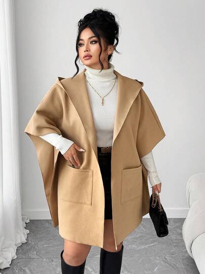 Elenzga 大码女式简约卡其色连帽口袋前开式半袖开衫