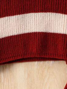 SHEIN 2 件套青少年女孩冬季针织服装，时尚休闲黑白条纹毛衣和针织裤套装 - 酒紅色 - 查看 7