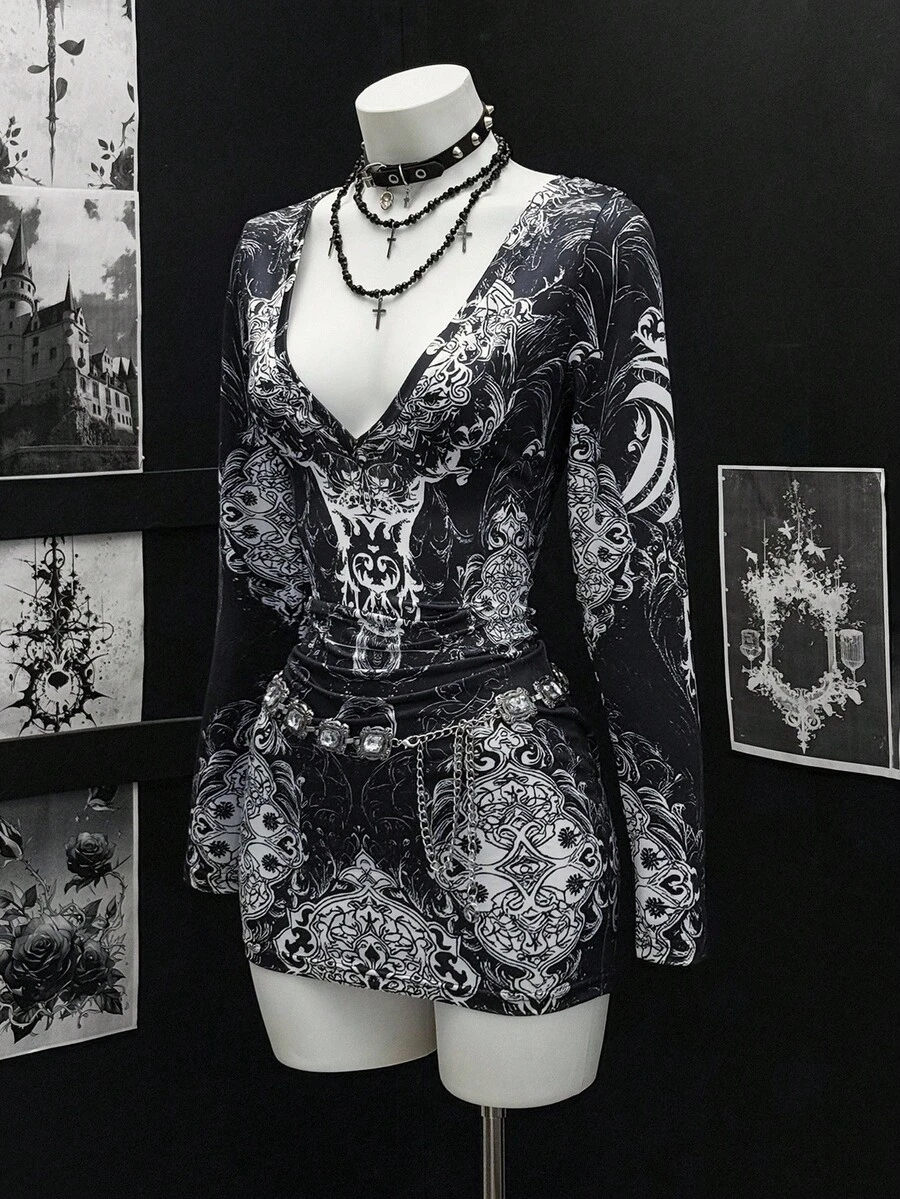 EgrlEra 女式时尚性感全印花长袖紧身迷你连衣裙 - 黑色 - 查看 1