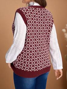 EMERY ROSE Gilet tricoté casual à motif argyle rouge grande taille - Rouge - Voir 2