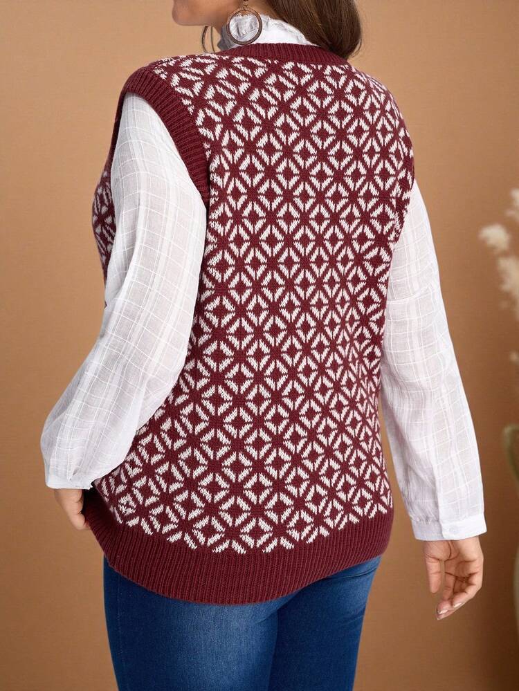 Plus Size Casual Red Argyle Knit Vest, Christmas Jumper ,Fall Clothes For Women