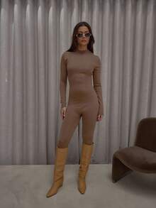 MUSERA High Neck Fitted Knit Long Sleeve Catsuit Streetwear Cute Classy Casual Sexy Going Out Fall Autumn Toffee  New Years   Elegant - Camel - View 1