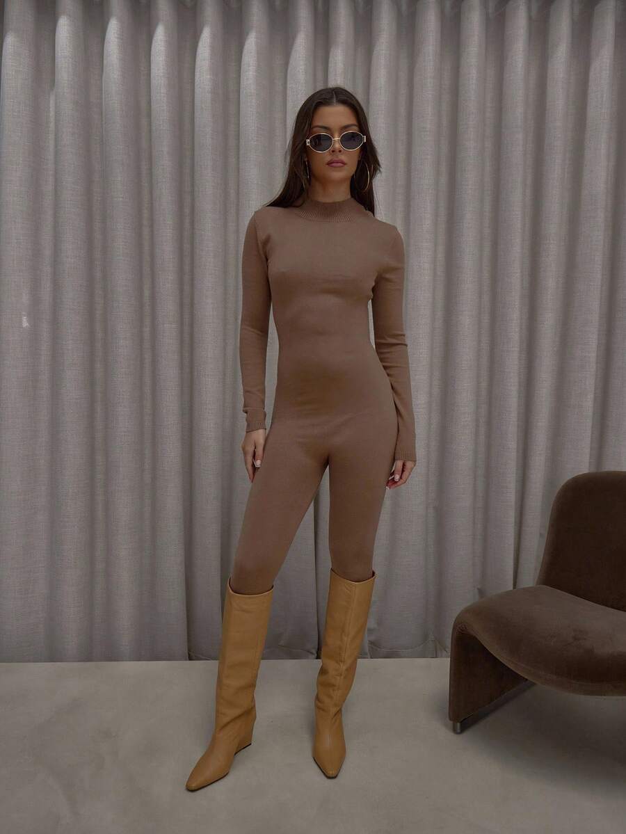 MUSERA High Neck Fitted Knit Long Sleeve Catsuit Streetwear Cute Classy Casual Sexy Going Out Fall Autumn Toffee  New Years   Elegant - Camel - View 1