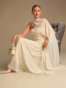 Enchnt 秋冬浪漫杏色抹胸连衣裙，搭配飘逸披肩，时尚优雅，适合派对、约会、假日、毕业典礼、婚礼宾客、办公室、外出、万圣节、圣诞节等场合。这款连衣裙是女士秋季连衣裙、秋季服装、秋季套装、狂欢节、新年等场合的理想之选。 - 杏色 - 查看 2