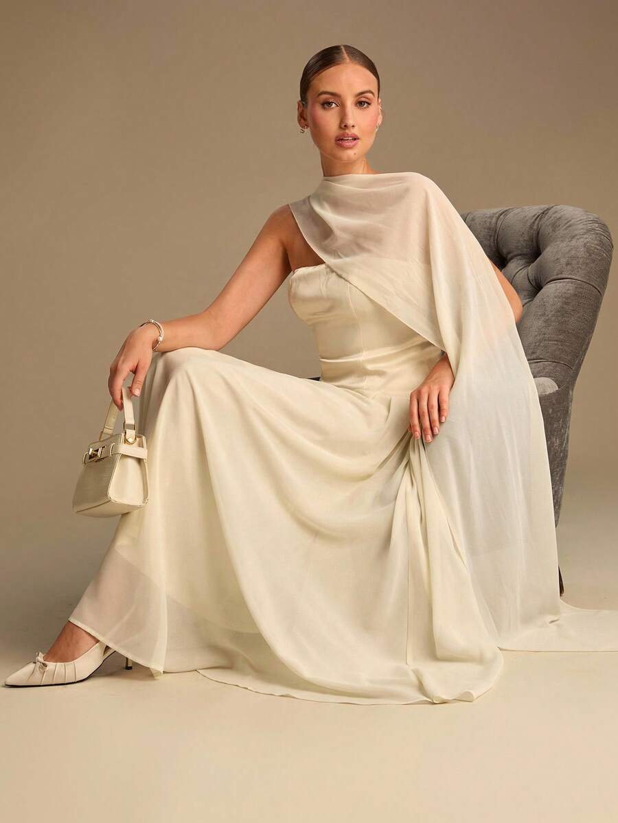 Enchnt 秋冬浪漫杏色抹胸连衣裙，搭配飘逸披肩，时尚优雅，适合派对、约会、假日、毕业典礼、婚礼宾客、办公室、外出、万圣节、圣诞节等场合。这款连衣裙是女士秋季连衣裙、秋季服装、秋季套装、狂欢节、新年等场合的理想之选。