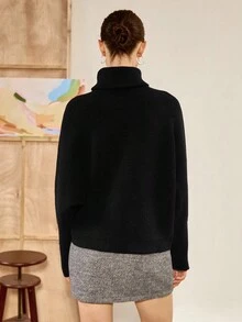 Chiquease pull élégant pour femmes à col montant et manches chauve-souris, couleur unie - Noir - Voir 2