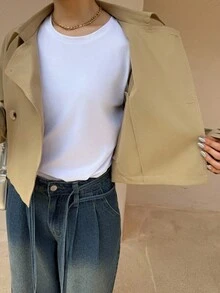 K-Vae 女士秋冬卡其色日常韩版短款风衣，老款风格，万圣节服装，别致秋季 - 卡其色 - 查看 7