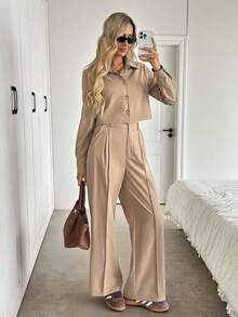 Easowa 翻领纽扣前长袖衬衫和前拉链褶裥腰斜口袋阔腿裤休闲宽松优雅商务套装女士两件套棕褐色两件套米色两件套两件套女士女士两件套棕褐色套装女士 - 卡其色 - 查看 3