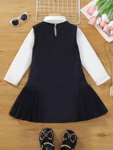 2pcs/Set Girls Casual Printed A-Line Dress With Bow Decor Hem+Long Sleeve Shirt Set,School Style Outfit For Back-To-School,Career Day,Autumn Wear - White - View 2