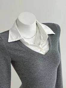 Elamini Women's Casual Fitted Knit Striped Shirt