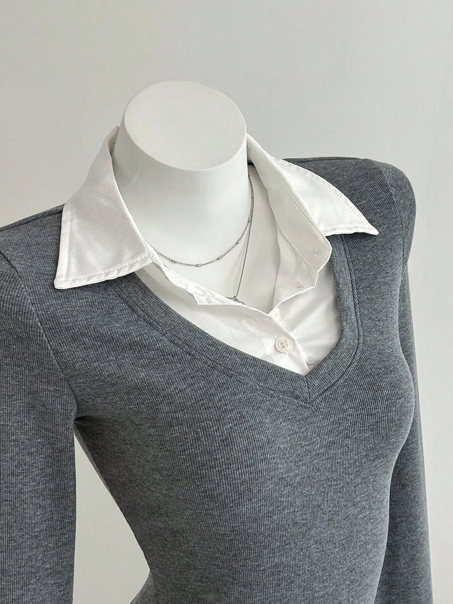 Elamini Women's Casual Fitted Knit Striped Shirt