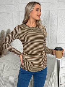 SHEIN Maternity Striped Round Neck Long Sleeve Pleated Fitted Casual T-Shirt Women Long Sleeve Top Coffee Brown Top Brown Top Women Brown Long Sleeve Top Maternity Shirt - Brown - View 5