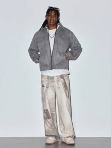 MODCRASH Men Flap Pocket Zip Up Suedette Jacket - Light Grey - View 1