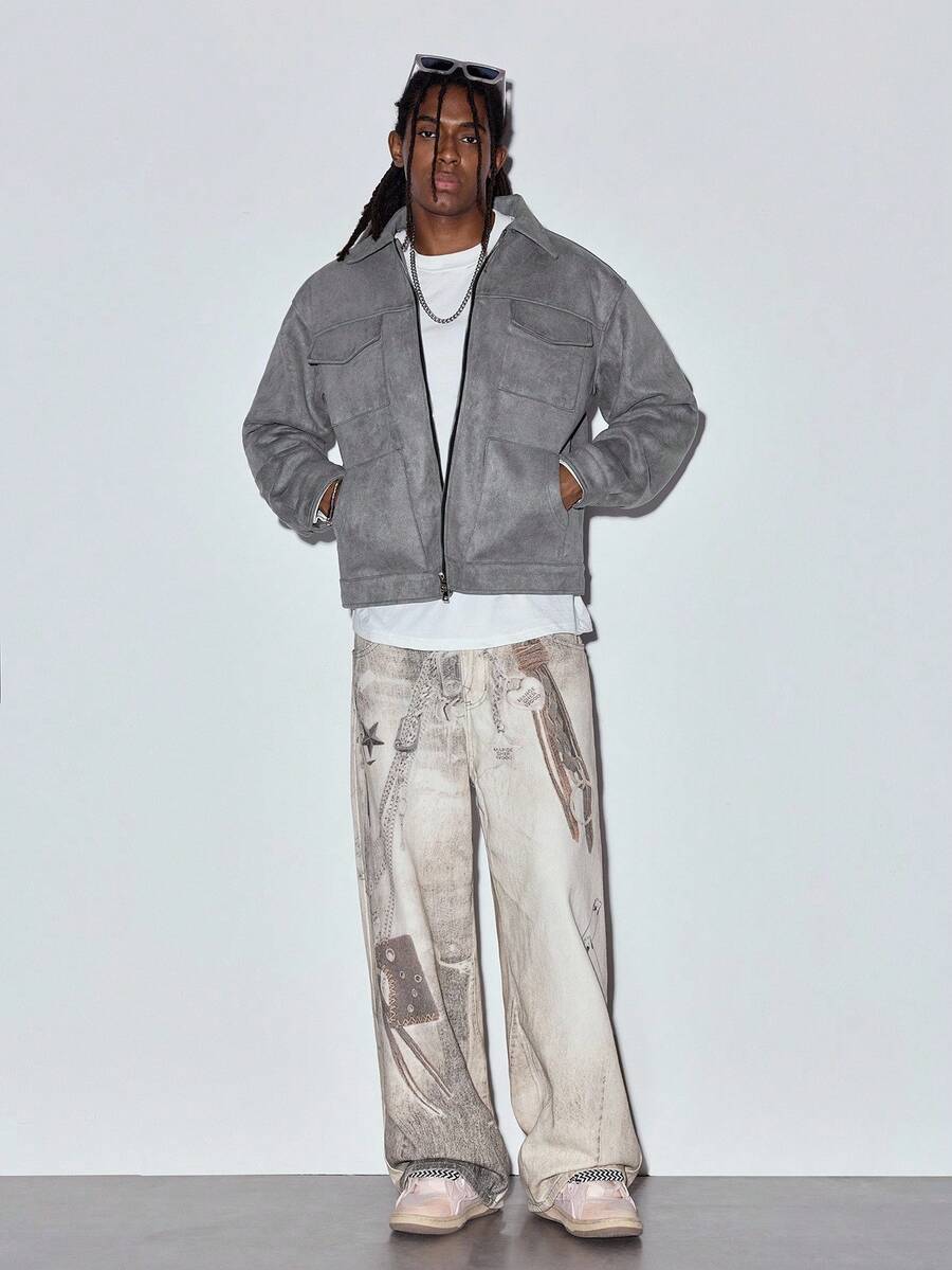 MODCRASH Men Flap Pocket Zip Up Suedette Jacket - Light Grey - View 1