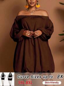 SHEIN CURVE+ Váy dài tay dài màu trơn trễ vai cỡ lớn dành cho nữ, thiết kế mới mùa thu, viền phồng, đa năng, thích hợp cho tiệc tùng, sinh nhật, đi chơi đêm, trở lại trường - màu nâu - Xem 1