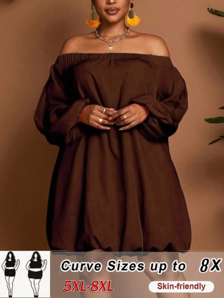 SHEIN CURVE+ Váy dài tay dài màu trơn trễ vai cỡ lớn dành cho nữ, thiết kế mới mùa thu, viền phồng, đa năng, thích hợp cho tiệc tùng, sinh nhật, đi chơi đêm, trở lại trường - màu nâu - Xem 1