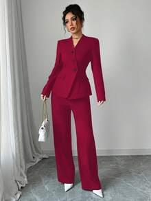 Elenzga Women's Commuter Solid Color V-Neck Slim Fit Single-Breasted Suit Set, Autumn - Burgundy - View 1