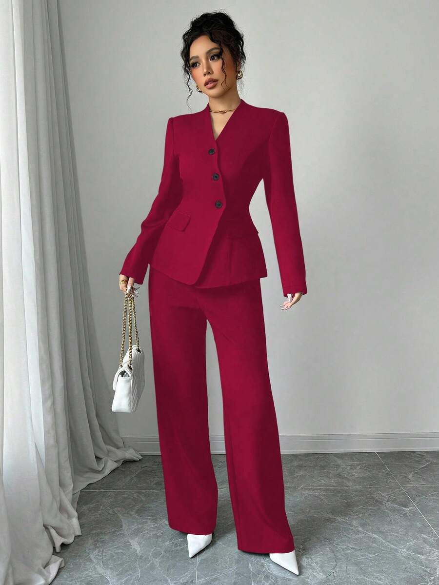 Elenzga Women's Commuter Solid Color V-Neck Slim Fit Single-Breasted Suit Set, Autumn - Burgundy - View 1