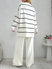EURMUSE Women's Two Piece Set Striped White Sweater - Apricot - View 2