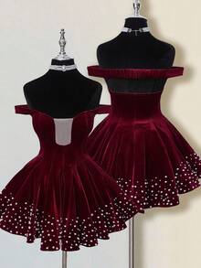 SHEIN ICON Elegantes Damen-Minikleid aus burgunderrotem Samt mit Perlen, herbstliches figurbetontes Abendkleid mit einem Schulterträger und Diamant-Verzierung, großes ausgestelltes Kleid für Party und Bankett, White Day Party - Bordeaux - Übersicht 9