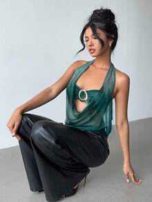 Aloruh Semi-Sheer Plunging Neck Tie-Dye Teal Print Metal Decor Backless Camisole,Dark Green,Summer,Techno,Club Night,Rave,Elegant Party Vacation - White - View 6