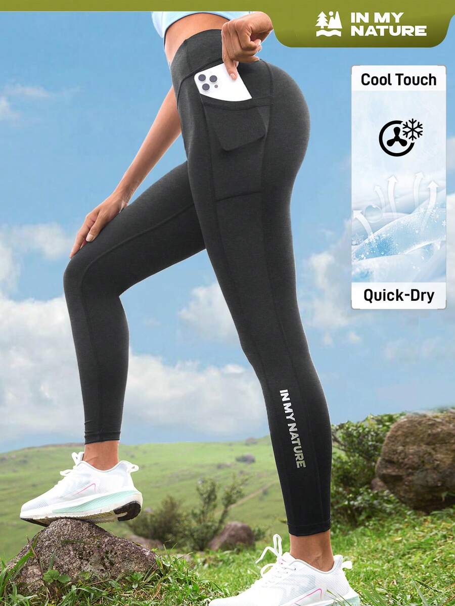 In My Nature 女士纯色高腰字母印花口袋休闲户外紧身裤徒步旅行女装