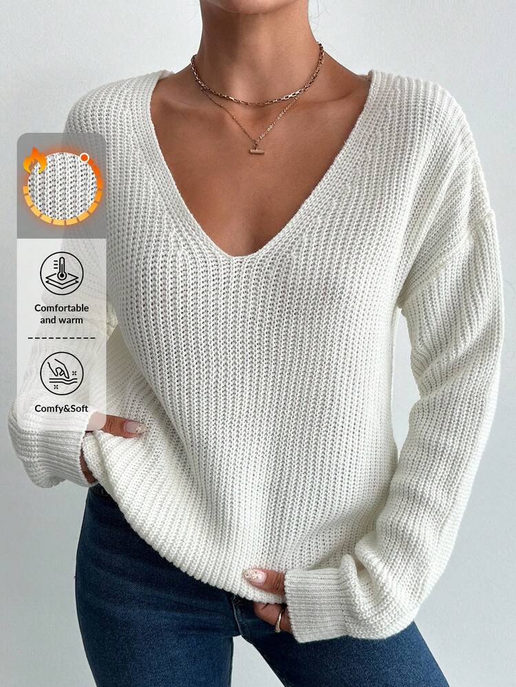 RueChic V-neck Drop Shoulder Sweater - White - View 1