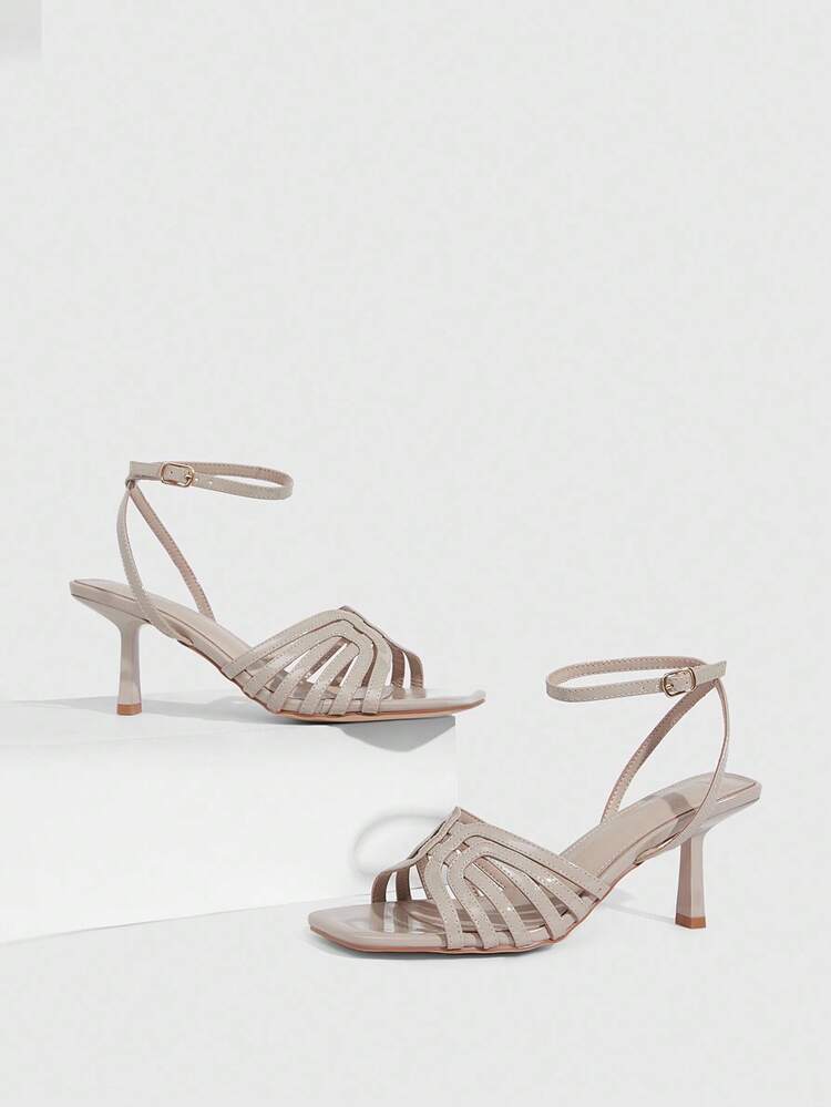 CUCCOO SZL Women's Minimalist Square Toe Hollow Buckle Design Fashion High Heel Sandals