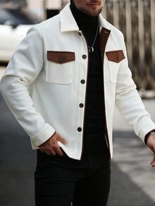 Manfinity Homme Áo khoác nam dài tay thiết kế túi màu tương phản, áo sơ mi nam kiểu Tây màu be thu đông, áo khoác nam cài nút màu kem, áo khoác nam - trắng - Xem 3