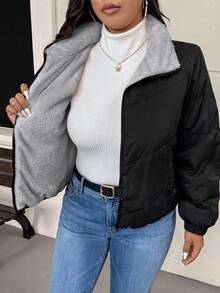 SHEIN Frenchy Plus Size Women Winter Fashion Versatile Fleece Jacket - Black - View 1