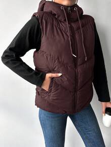 EURMUSE Damen einfarbige Reißverschluss-Vorderteil Kordelzug Kapuzen Lässig Regular Weste Jacke, Winter - Bordeaux - Übersicht 3