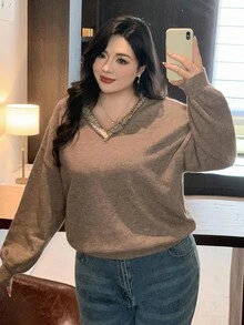 Dazy Plus V-Neck Patchwork Loose Casual Plus Size Women Pullover Sweater, Autumn/Winter School - Khaki - View 5