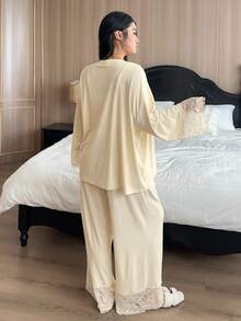 Dazy Plus 3pcs Plus Size Women Elegant Contrast Lace Camisole Top, Robe And Pants Sleepwear Set Fall Winter Clothes - Apricot - View 2