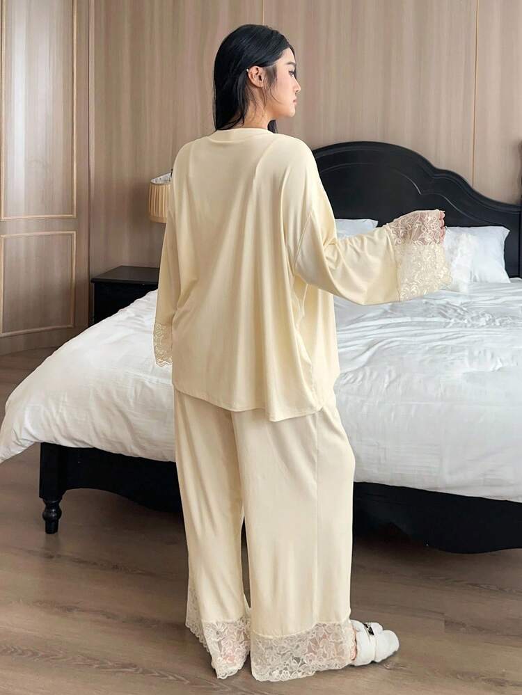 Dazy Plus 3pcs Plus Size Women Elegant Contrast Lace Camisole Top, Robe And Pants Sleepwear Set Fall Winter Clothes