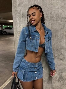 StreetHx Bộ áo khoác lửng và chân váy denim mini thường ngày cho nữ - Màu xanh lam - Xem 7