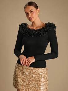 Enchnt 女式纯色网眼拼布荷叶边长袖修身时尚衬衫 - 黑色 - 查看 4