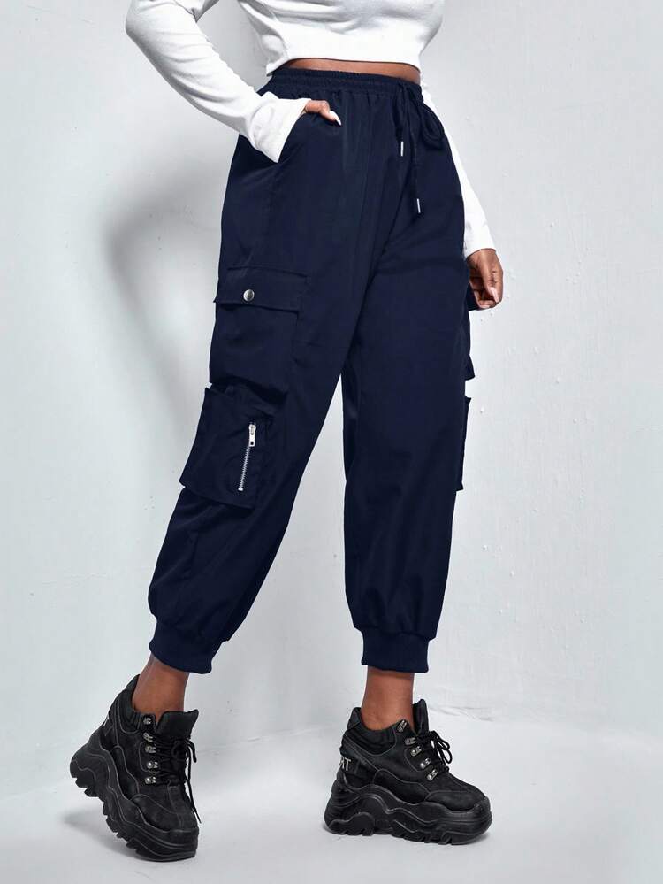 SHEIN EZwear Black Plus Flap Pocket Drawstring Cargo Pants - Navy Blue - View 1