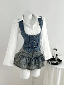 Elamini 女式时尚复古修身牛仔背心 - 藍色 - 查看 1