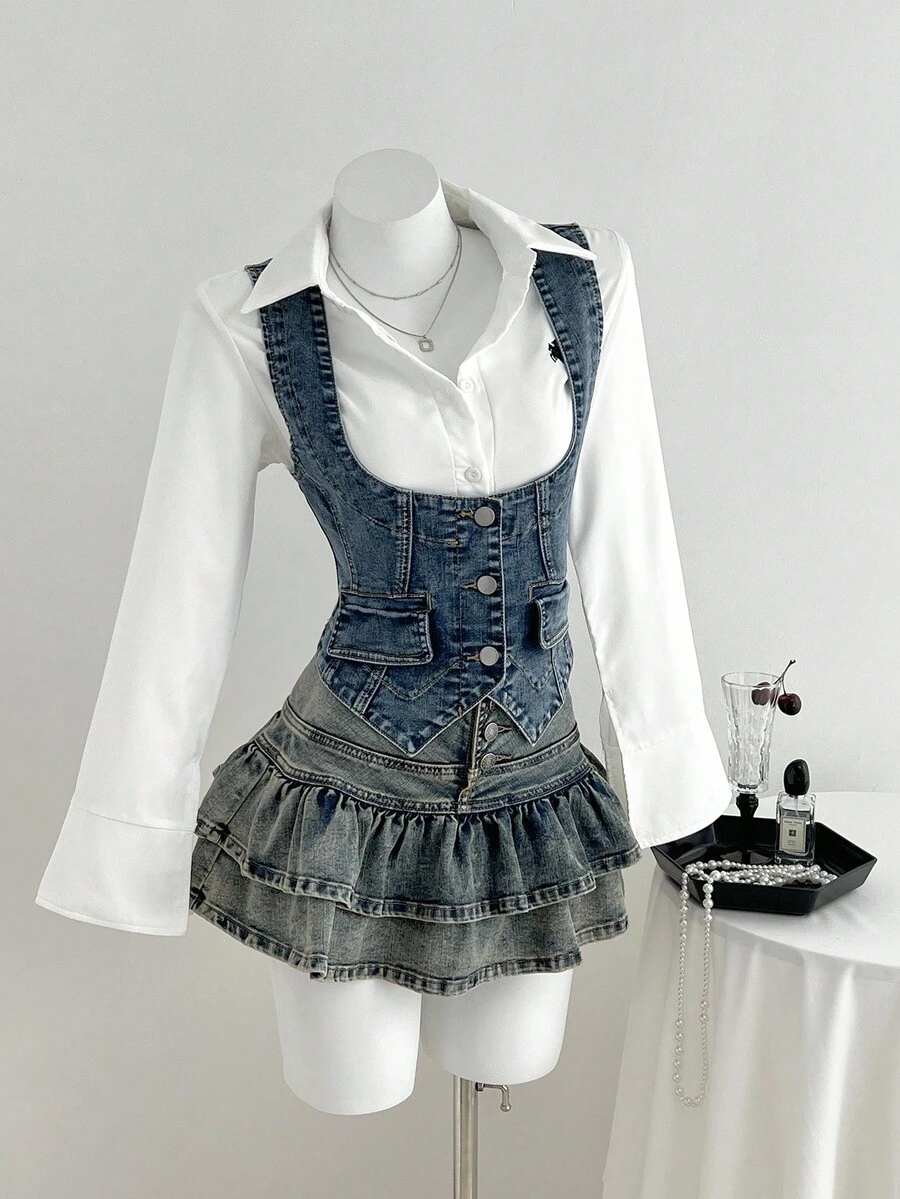 Elamini 女式时尚复古修身牛仔背心 - 藍色 - 查看 1