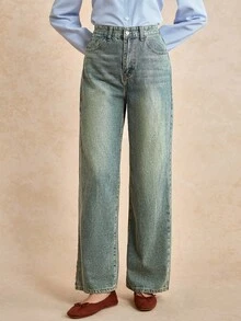 Écloséra 女士寬鬆休閒丹寧寬腿褲，附口袋 - 深色水洗藍 - 查看 1